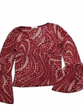 Y2K Top Fairy Grunge Floral Wrap-Style Tulip Bell-Sleeve Blouse Wine Red